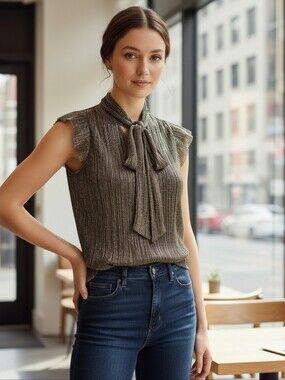 Banana Republic Gold & Black Shimmer Metallic Pleated Tie‑Neck Top Size XSP